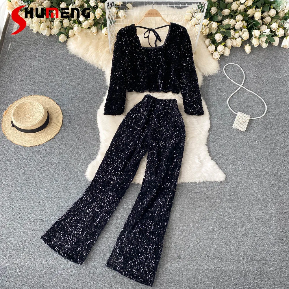 

Fashionable Sequined Suit Graceful Puff Sleeve Square Collar Loose Crop Top Women's High Waist Wide Leg Pants Two-Piece Set