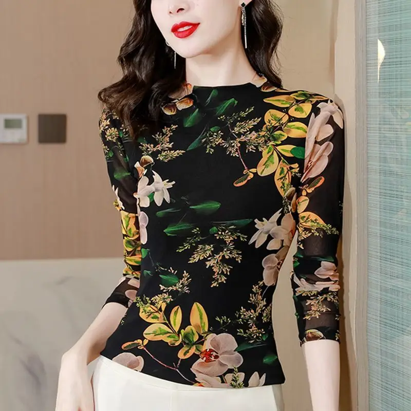 

2023 Spring Autumn Women New Printed Mesh Shirt Tops Female Long Sleeve Slim Fit Blouses Ladies Half High Collar Shirts G458