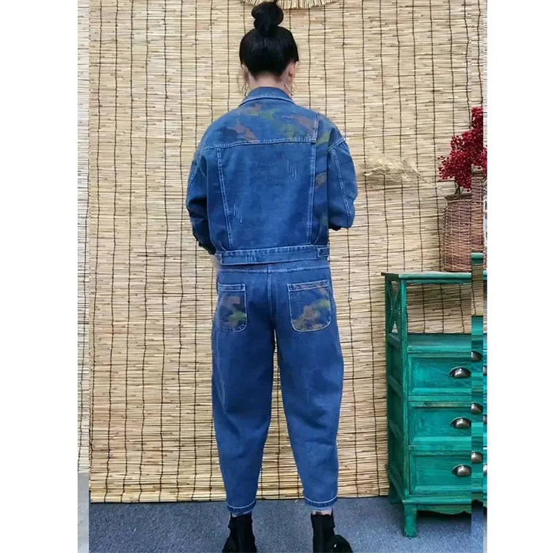 Женский джинсовый костюм с принтом в стиле ретро длинными рукавами ковбойский