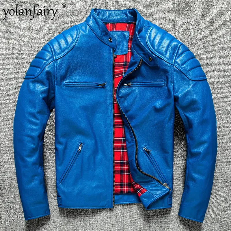

Куртка мужская из натуральной воловьей кожи, верхний слой, мотоциклетная приталенная синяя куртка с воротником-стойкой, Весенняя трендовая одежда