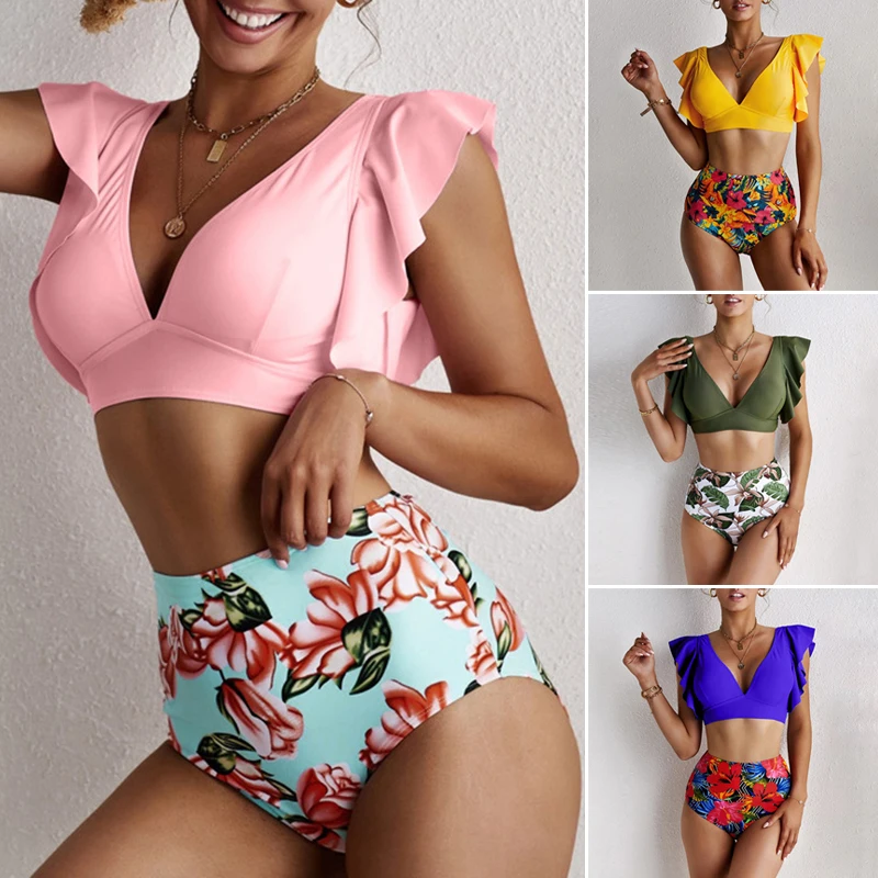

Two Piece Swimsuit for Women Sexy V Neck Bikini High Waist Floral Swimwear Summer Beach Swimming Pool Sexy Two Piece XRQ88