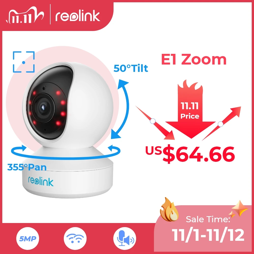 Pаспродажа Камера видеонаблюдения Reolink, инфракрасная камера 5 Мп ПНН с 3-кратным оптическим зумом, 2,4G/5G, поддержка Wi-Fi, радионяня, зум E1