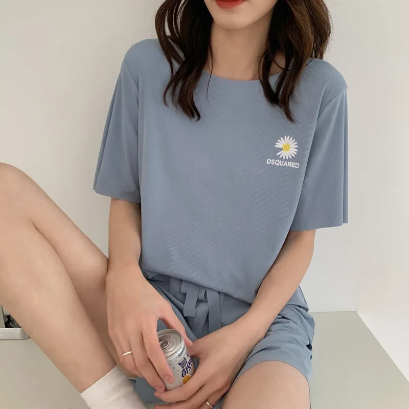 Women's Pajamas Embroidered Ice Silk Pajamas Elastic Short Sleeve Shorts Two-piece Home Clothes