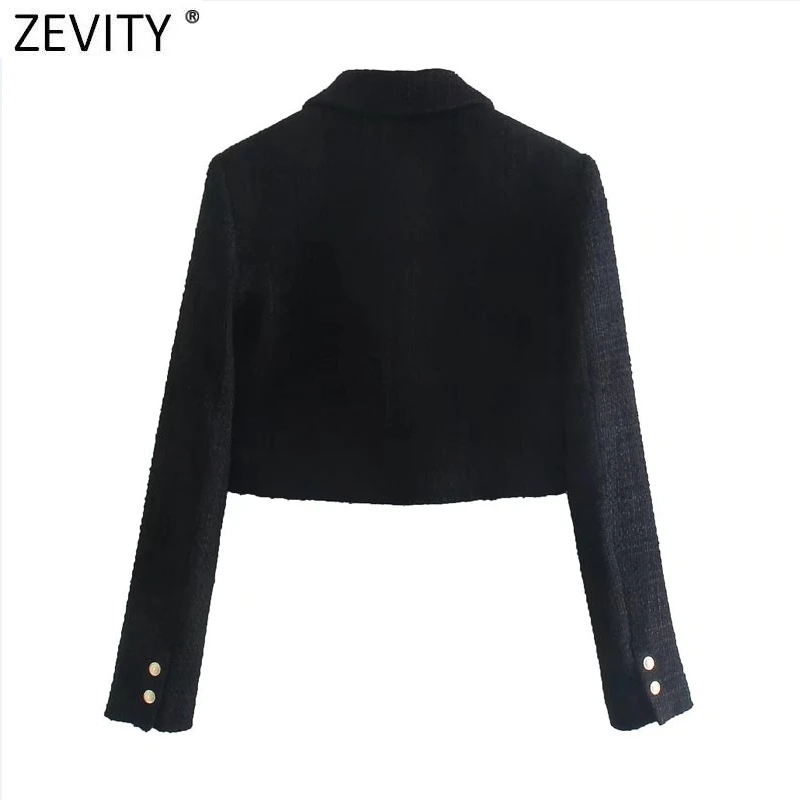 Женский двубортный пиджак Zevity черный твидовый шерстяной короткий винтажная