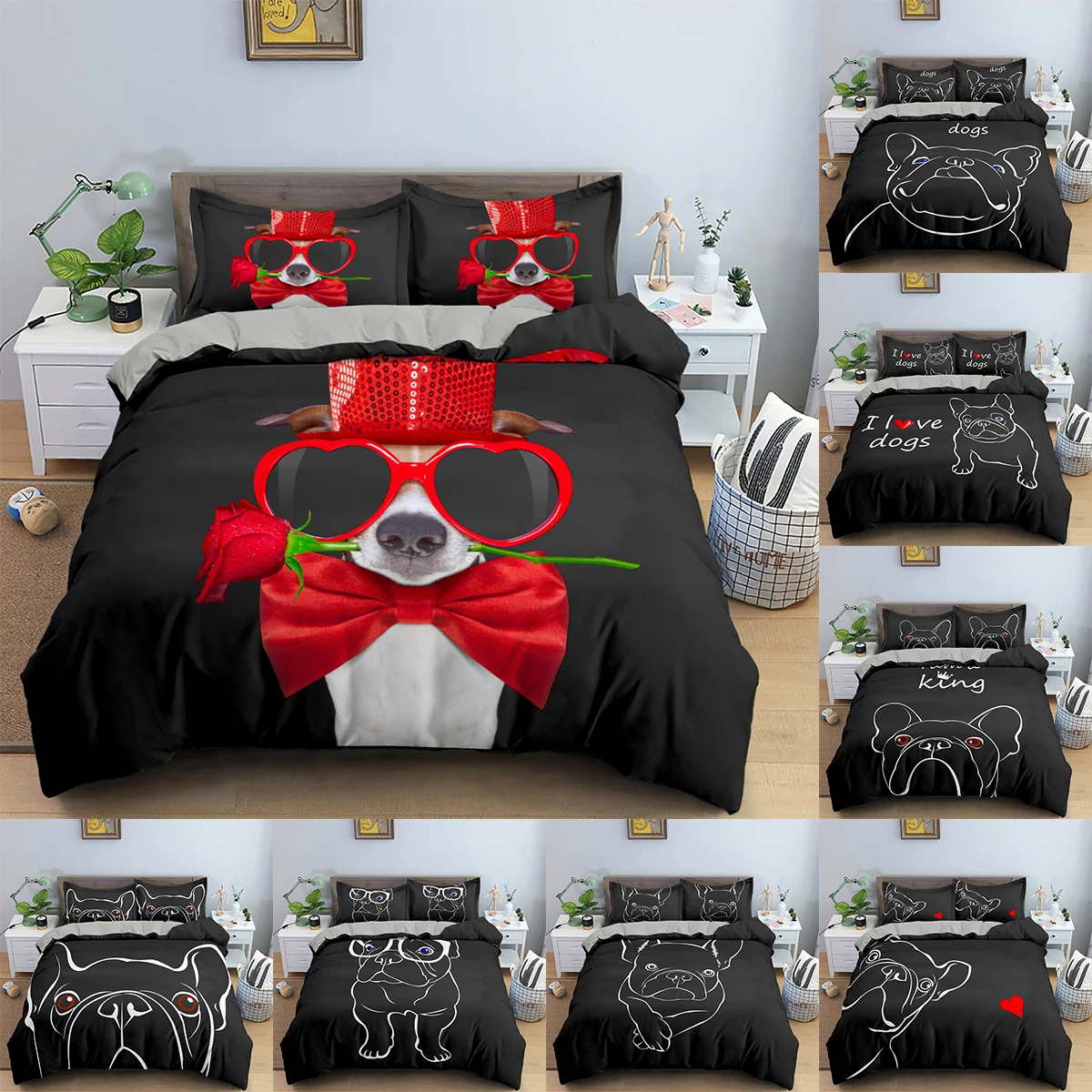 

Black Bedding Set French Bulldog Printed Duvet Cover Set Queen King Size Quilt Cover With Zipper Closure Soft Home Textiles