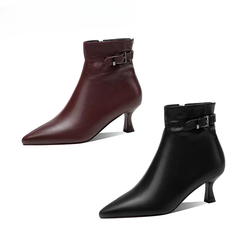 

Women Shoes 2024 High Quality Belt Buckle Boots Fashion Side Zipp Office and Career Sexy Pointed Toe Ankle