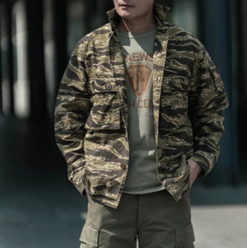 

Army Green Tiger Camo Work Uniform Men's Vintage Multi Pocket Work Shirt Outdoor Hiking Camping Trekking Riding Clothing Student