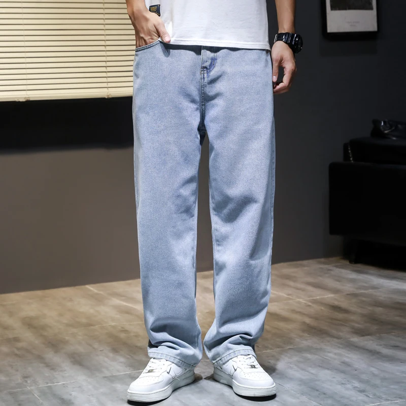 

2022 Spring and Summer New Men's Loose Casual Jeans Youth Men's Stretch Straight Trousers Light Blue Brand Men Denim Pants