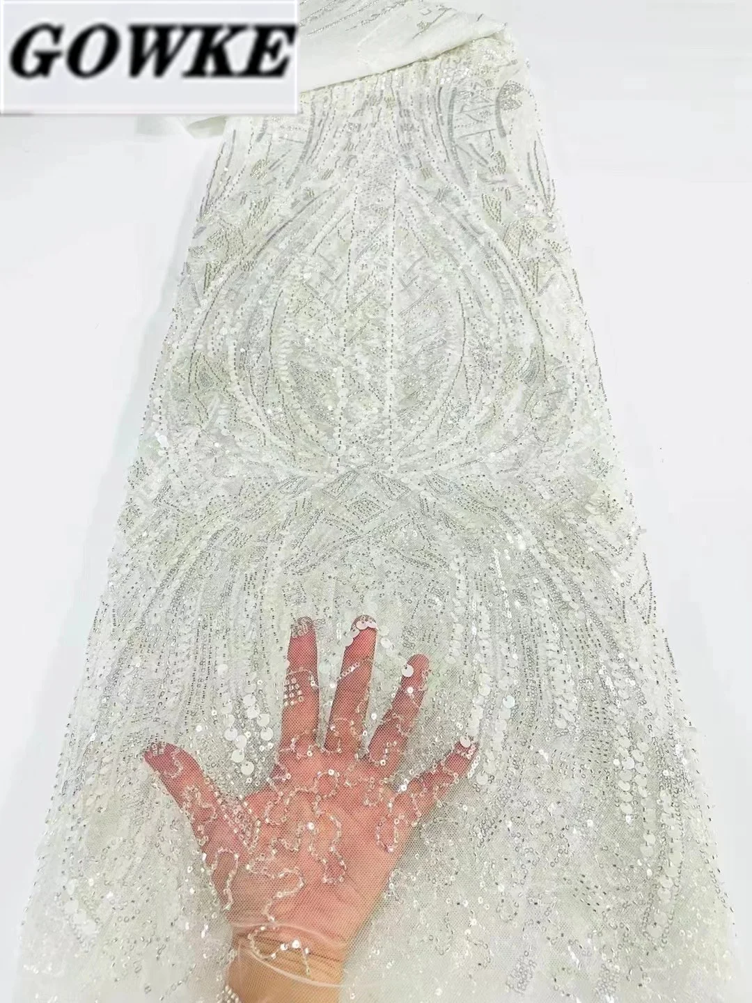 

Чистый белый Африканский тяжелый ручной работы Тюлевая кружевная ткань с блестками французский роскошный женский вечерний наряд Sew