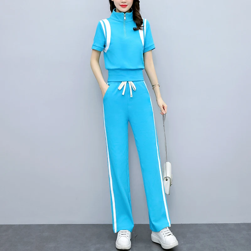 

Women Two Piece Solid Tracksuits Short Sleeve Zipper Lapel Short Top & Casual Slim Straight Wide Leg Drawstring Pants Casual Set