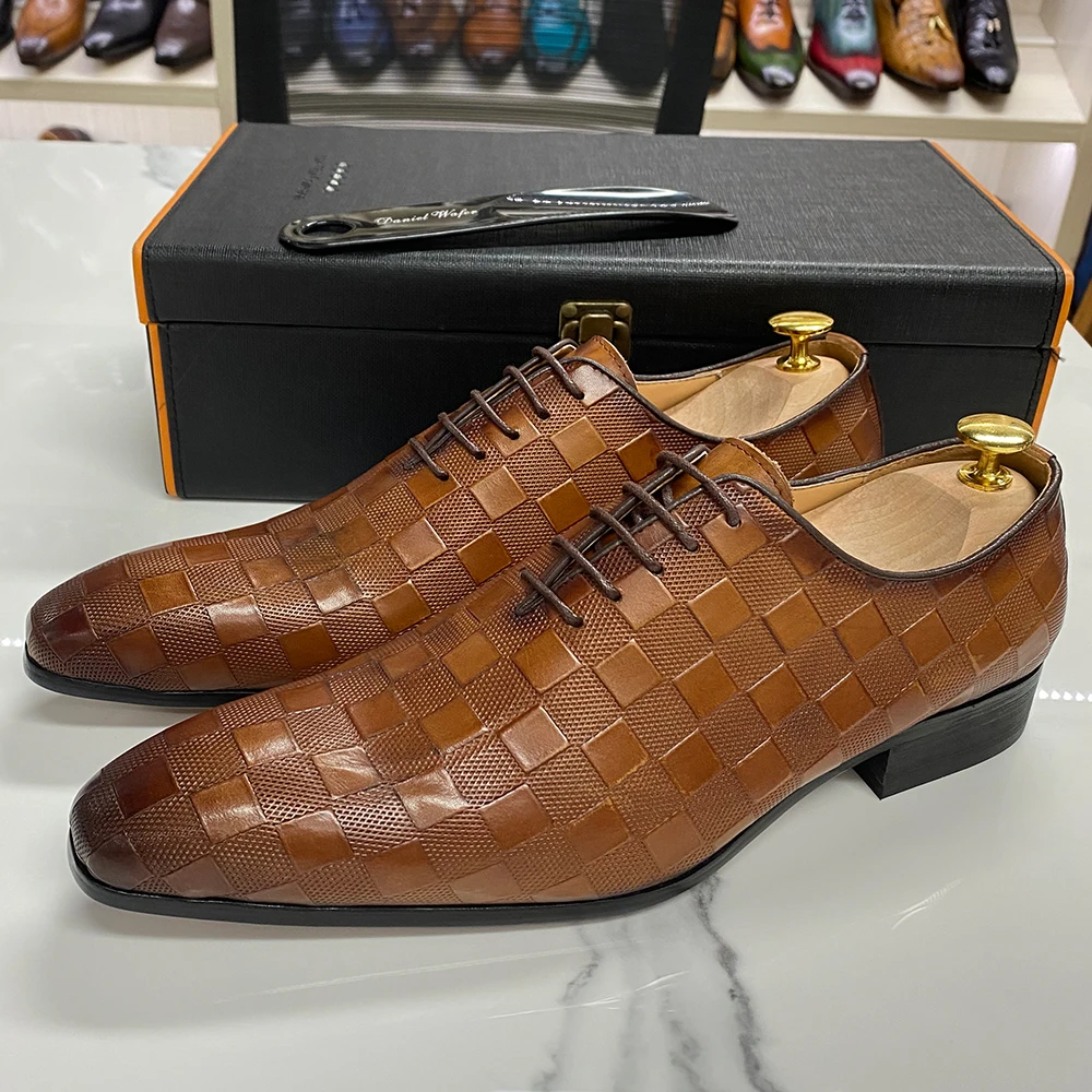 Scarpe eleganti da uomo OXFORD italiane di lusso stampe scozzesi fatte a mano di moda scarpe da ufficio nere da sposa scarpe da uomo formali in pelle