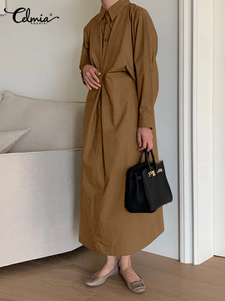 

Celmia Women 2022 Fashion Robes Pleated Lapel Buttons Long Sleeve Midi Dress Korean Elegant Casual Loose Office Lady Shirt Dress