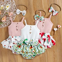 0 2 years baby girls clothes newborn infant outfits ribbed romper bodysuitsbowknot ruffles printed shortsheadbands 3 pcs sets