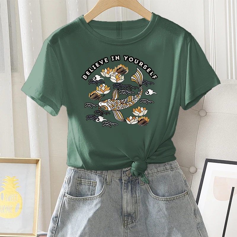 

Women Casual Summer T-shirt Female Graphic Fashion Short Sleeve Lotus Flower Koi Print Ladies 100% Cotton Daily O-Neck Tees Tops