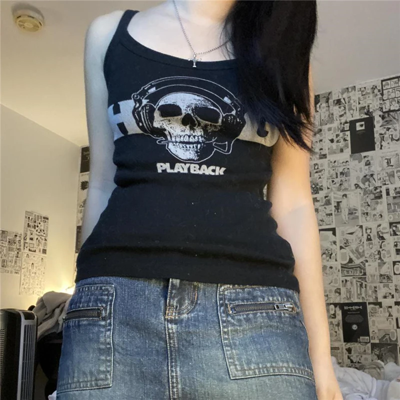 y2k Gothic Letter Skull Print Crop Top Camis Women Sleeveless Vest E Girl Clothes Dark Academia Punk Graphic Casual Tees
