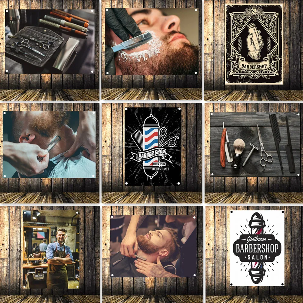 

Haircut & Shaving Vintage Barber Shop Wall Decor Banner Wall Hanging Flag Tapestry Hairdresser Barber Tools Poster Wall Painting