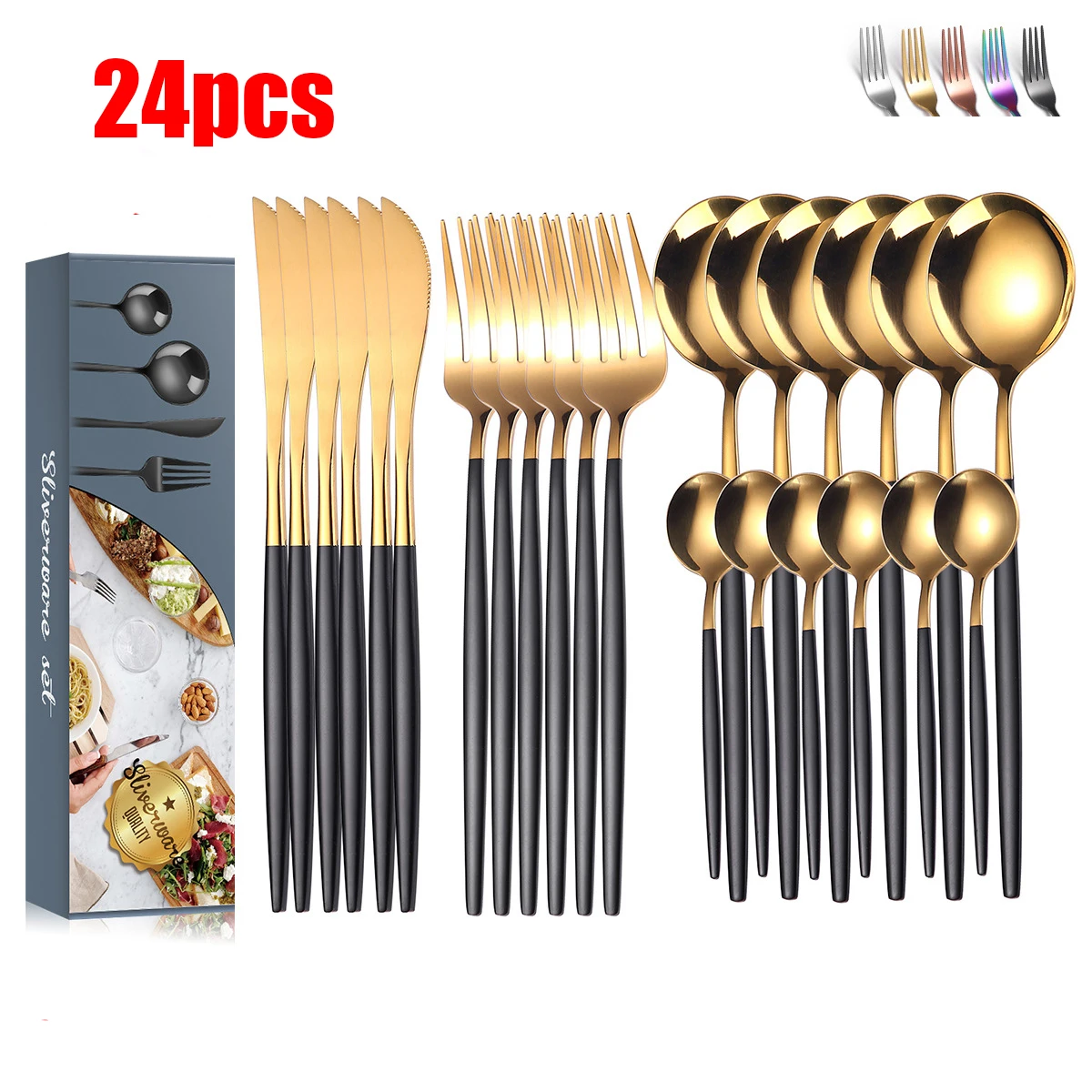 

24pcs Upscale Gold Dinnerware Set Knife Fork Coffee Spoon Flatware Set Stainless Steel Tableware Set Dishwasher Safe Cutlery Set