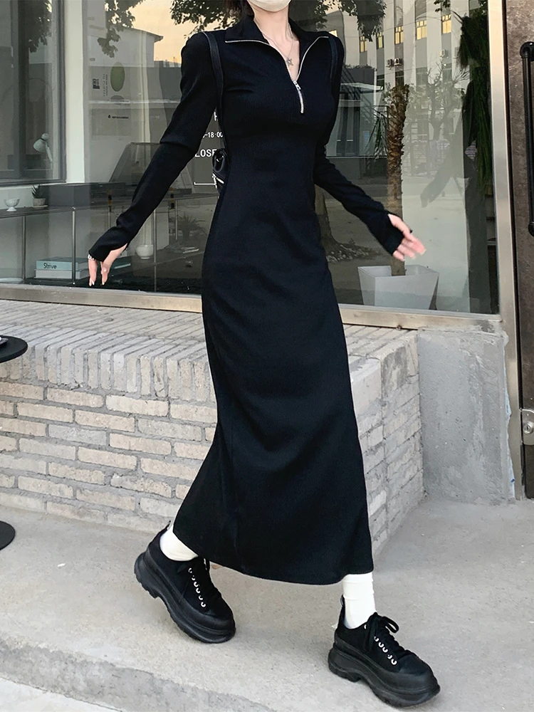 

Осенне-зимнее трикотажное платье с длинным рукавом, женское корейское Модное Длинное вязаное облегающее повседневное платье, элегантное ч...