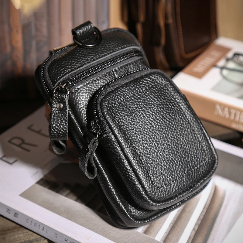 Vintage Crazy Horse Leather Fanny Waist Pack Men Genuine Leather Travel Belt Waist Bags Small Phone Pouch Loop Shoulder Bag