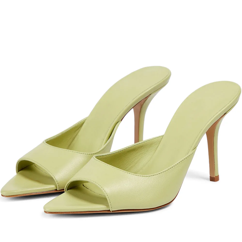 2023 Summer New Women's Pointed Toe High Heel Mules Sandals Brown PU Leather Slippers Ladies Large Size Black White Shoes Slides