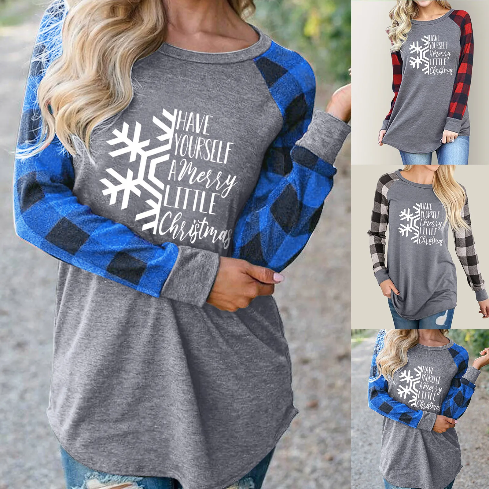 

Women's Christmas Snowflake Printing Plaid Patchwork Long Sleeves Sweatshirt T-shirt Blouse Tops Running Top Women