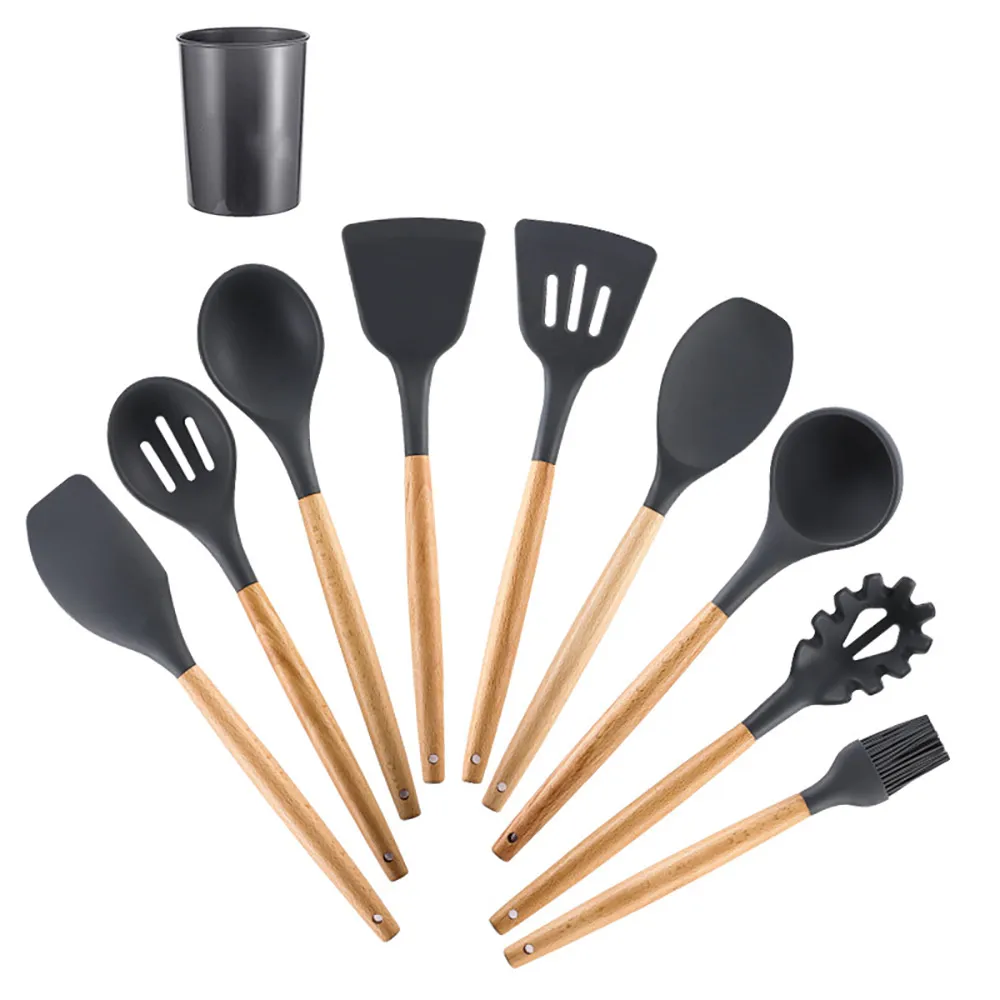 

Best Silicone Cooking Utensil Set Wooden Handle Spatula Soup Spoon Brush Ladle Pasta Colander Non-Stick Cookware Kitchen Tools