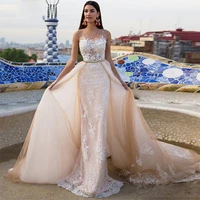 exquisite wedding dress tulle lace appliques mermaid bridal dresses detachable train goldern sashes bride gown vestido de novia