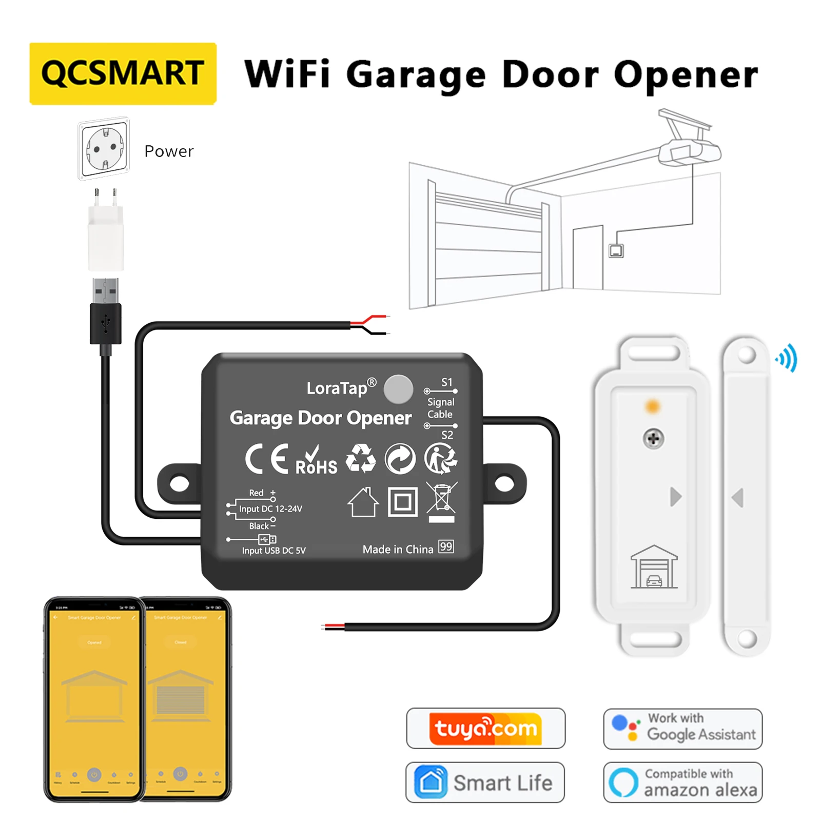 

QCSMART Tuya WiFi Garage Door Wireless Sensor Opener Controller Remote Control via Smart Life Google Home Alexa Voice Operate
