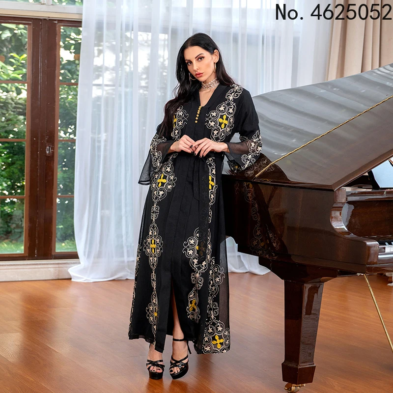 

Mesh Embroidery Abaya Dubai Muslim Woman Dress 2022 With Buttons Belt Habaya Moroccan Jalabiyat Turkey Islam Arabic Abaya Kaftan