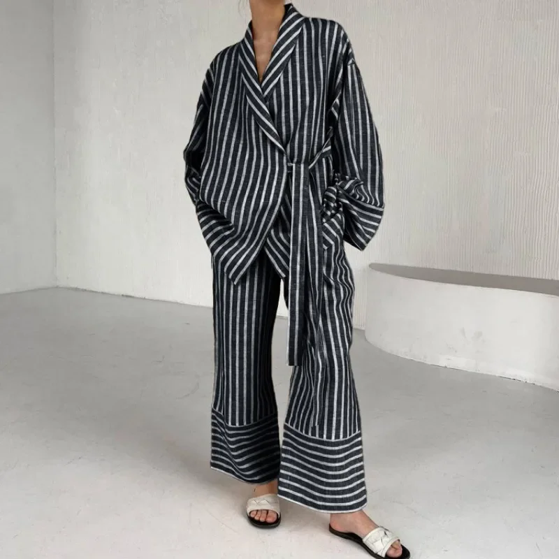 Женские комплекты платьев осенние новые полосатые свободные топы с длинными