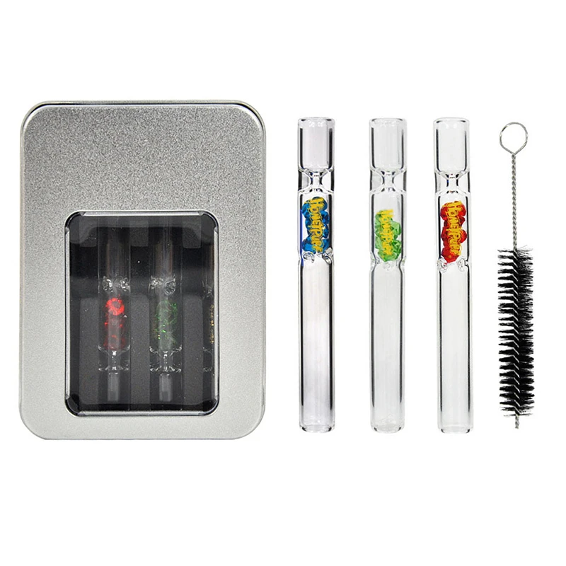 

3 Pieces Glass Pipe with Gem Filter Brush Combo Tin Box Gift