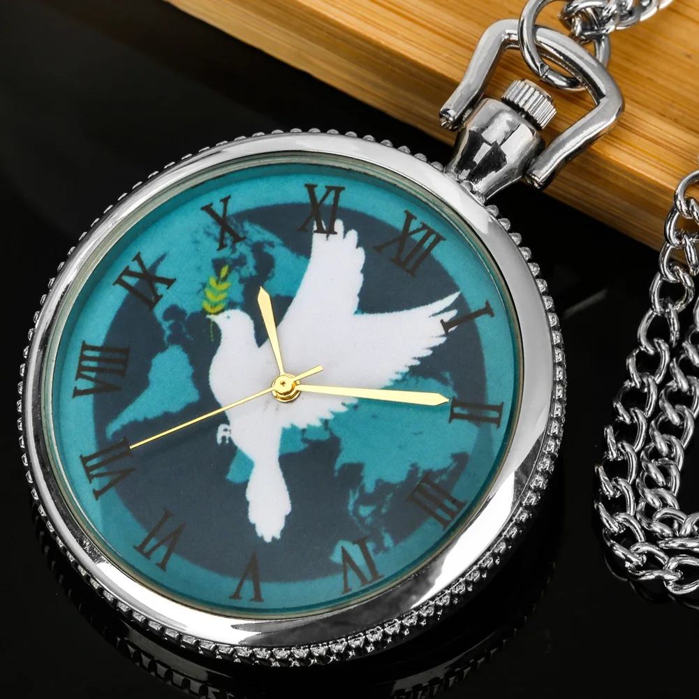 

Pocket Watch Necklace Gift for Men Women Creative Peace Dove Roman Transparent Dial Quartz Watch Pendant Chain Relógio De Bolso