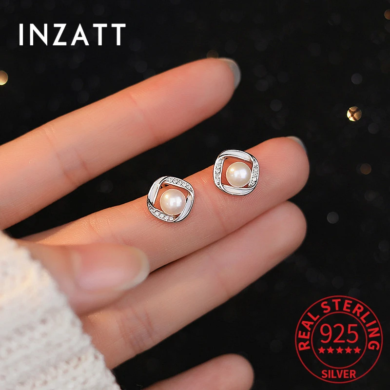 

INZATT Real 925 Sterling Silver Square Round Zircon CZ Pearl Stud Earrings for Women Vintage Light Luxury and Sweet Fine Jewelry
