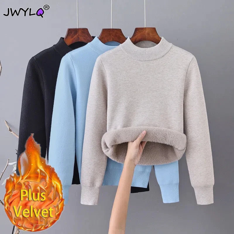

O-neck Long Sleeves Plus Velvet Warm Pullover Sweater Women Autumn Winter Thick One Piece Fleece Knitted Sweater Simple Sweaters