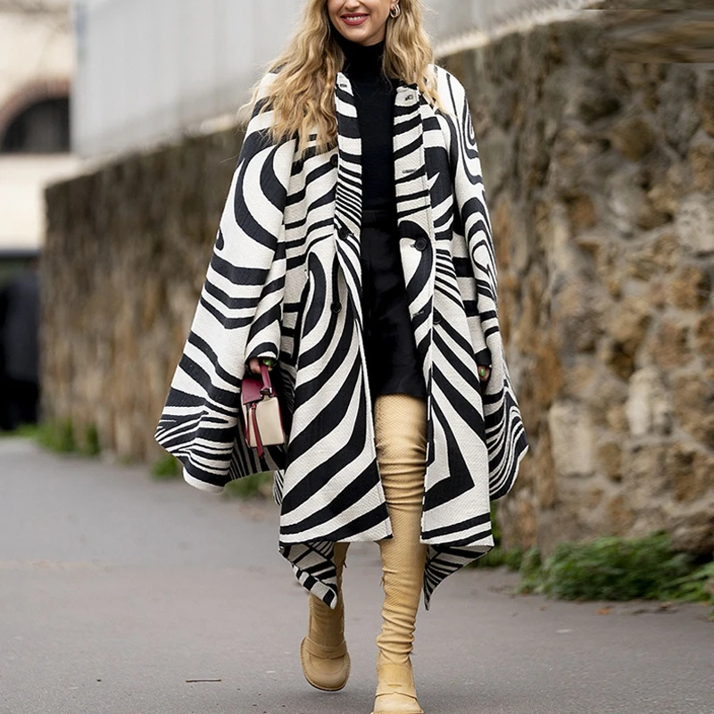 

Fashion Zebra Print Loose Long Coat Tops Elegant Long Sleeve Irregular Women Woolen Coat Autumn Ladies Winter Overcoat Jackets
