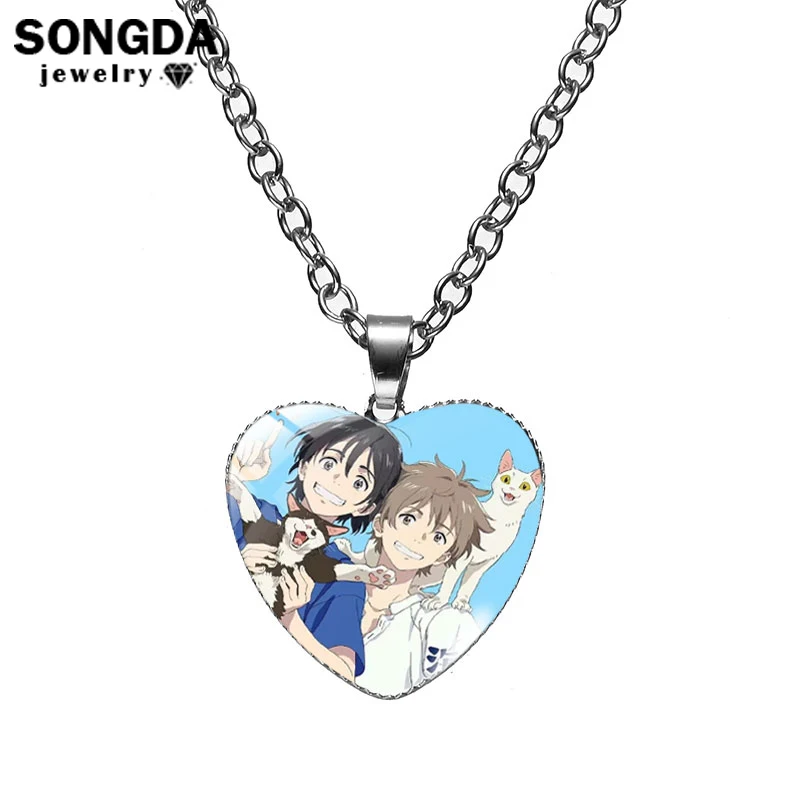 

Anime Seaside Umibe No Etranger BL Necklace Hashimoto Shun Chibana Mio Couple Glass Gem Art Heart Pendant Long Link Chain Gifts