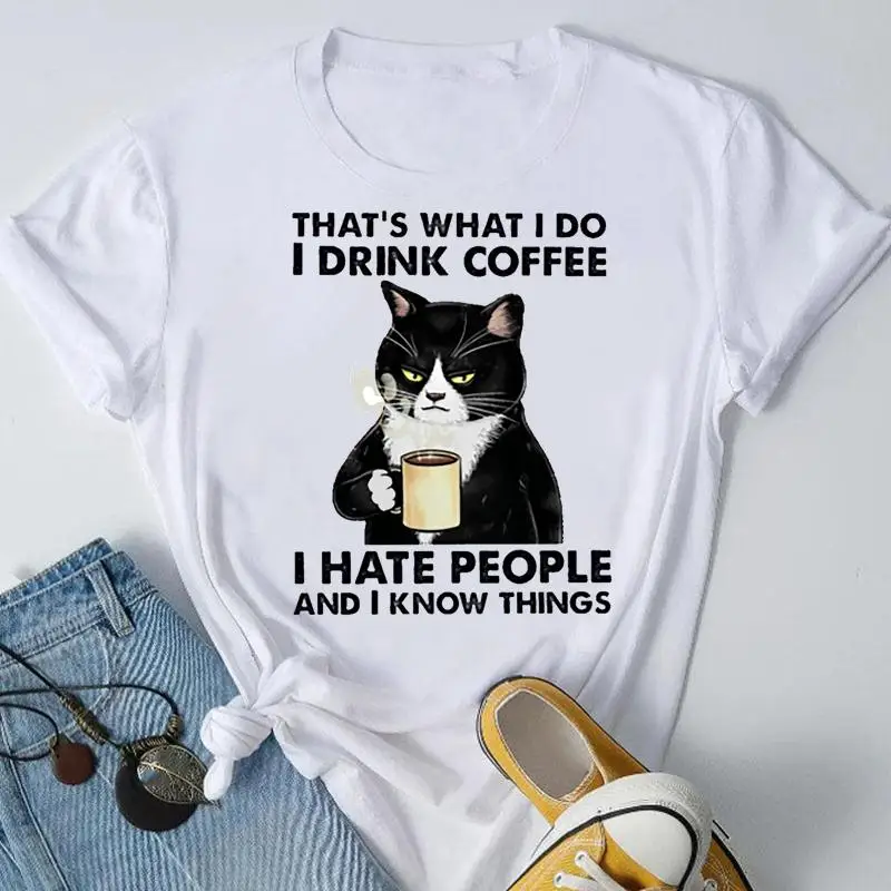 

Cat Coffee Funny Letter Love Tee Women Lady Casual Short Sleeve Top Clothes Fashion Spring Summer Tshirt Female Graphic T-Shirt