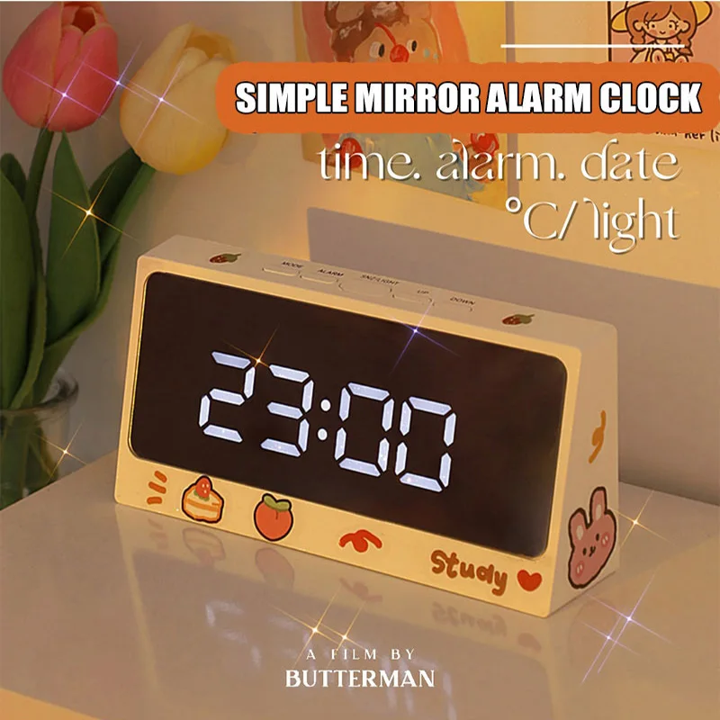 

Ins Digital Clock Table Clock Snooze Alarm Cute Silent Mirror Clock Student Desktop LED Clock Electronic Clock for Children