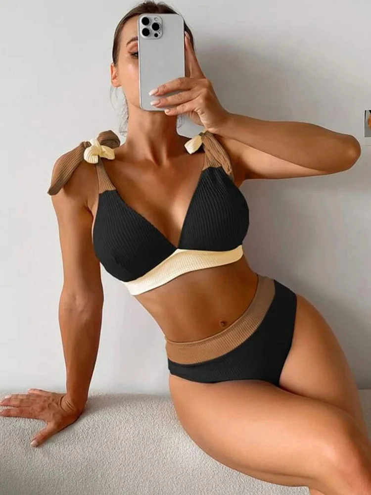 

Бикини женское Ребристое составного кроя с высокой талией