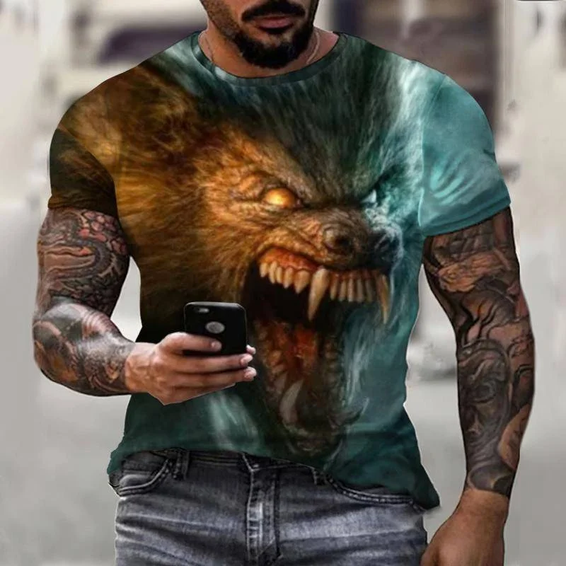 

Harajuku Style Oversized T Shirt Men Fashion Animal Werewolf Print Short Sleeve Shirt 3D Hip Hop Short Sleeve