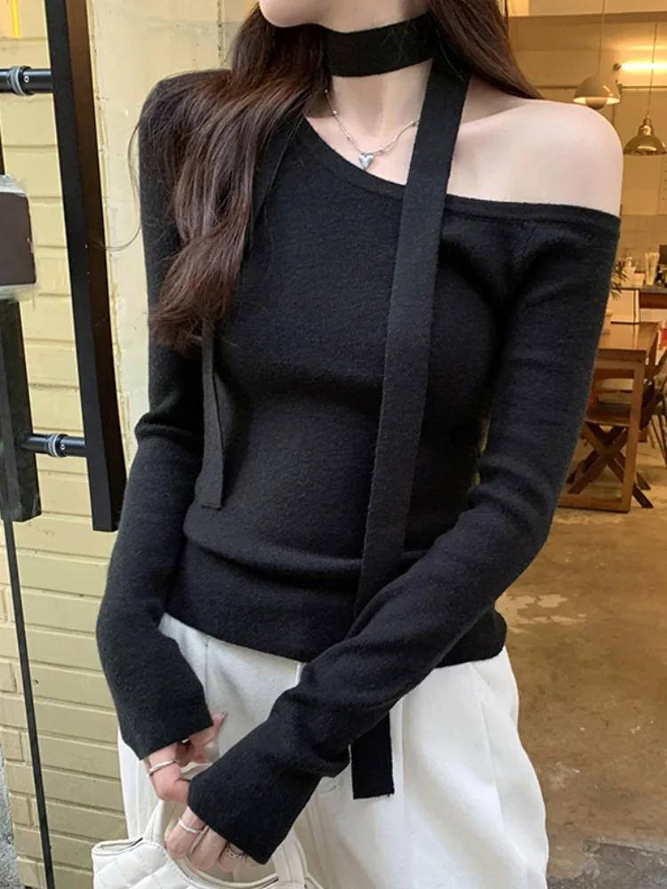 Black Oblique Collar off-the-Shoulder Knit Women Autumn and Winter Design Ribbon Hanging Neck Slim fit Inner wear Short off-S...
