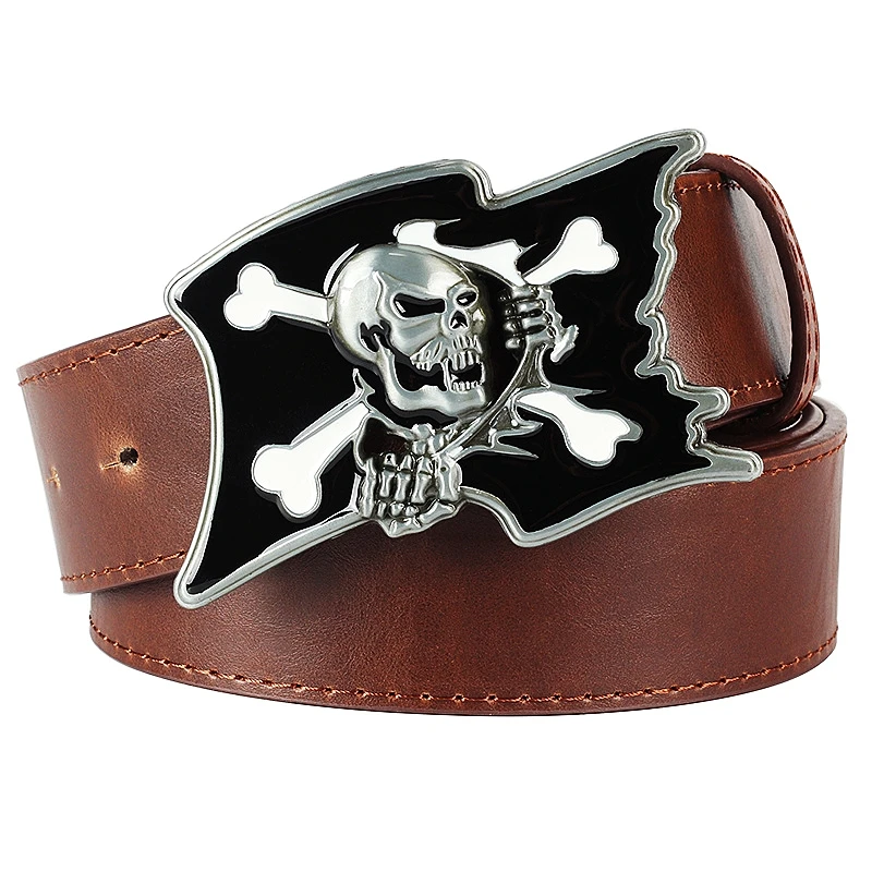 Fashion Belt Skull Crossbone Metal Buckle Skeleton Pirate Flag PU Leather Waistband