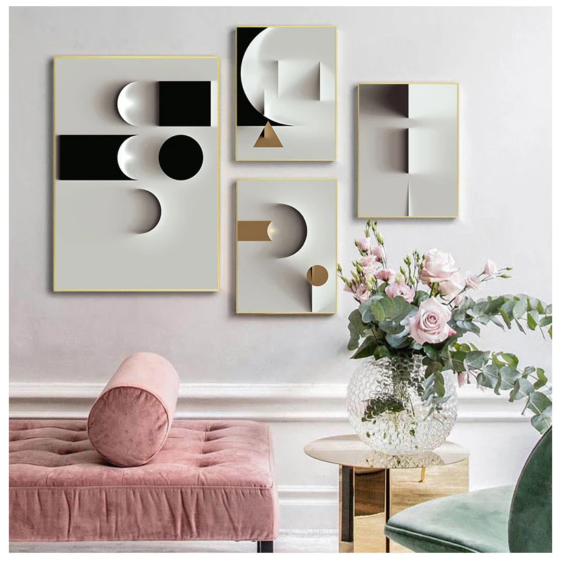 

Минималистичная абстрактная линия, Черно-Белая настенная Картина на холсте, геометрический круглый постер, печать, Настенная картина для декора гостиной