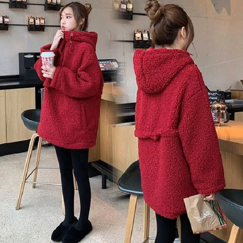 

Women's Sweatshirt Ladies Tops Sweater Thickened Hooded Pullovers Lamb Wool Solid Color Winter Long Sleeve Loose Type Tenafeicc