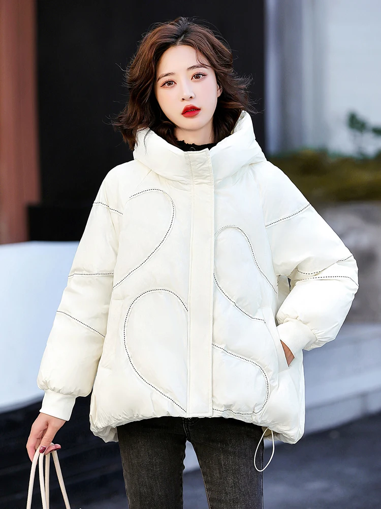 

Winter Women 90% White Duck Down Coat Casual Loose Hooded Zipper Button Thick Warm Jacket Solid Parkas Outwear