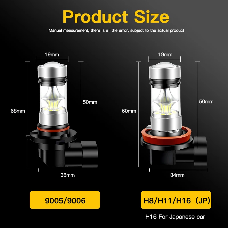 Фото 2 шт. 1800LM H8 H9 H11 H16(JP) Светодиодные фары 9005 HB3 9006 HB4 Автомобильные противотуманные фары Белые фары 100 Вт Лампа Супер яркая лампа Canbus №2