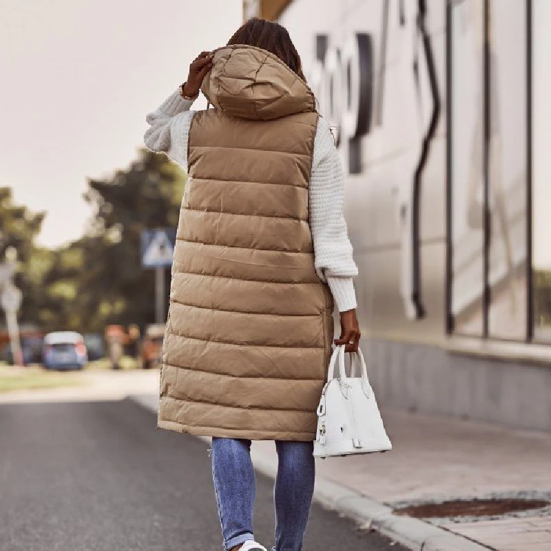 Autumn Winter Fashion Casual Solid Vest Cotton Coats Hooded Slim Sleeveless Medium Long Jacket Padded Female Clothing Streetwear