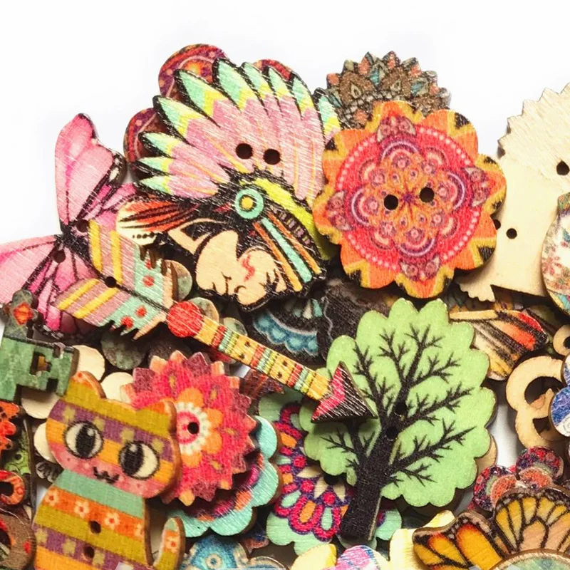 

100 шт., деревянные пуговицы с рисунком, 15-35 мм