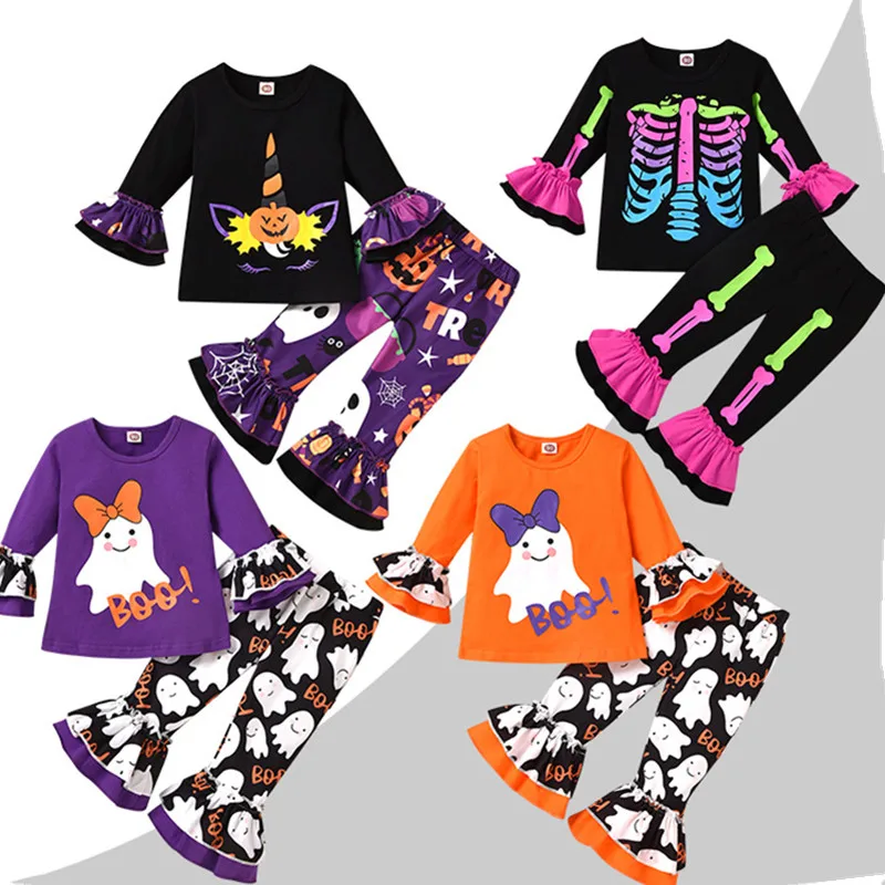 

Одежда для маленьких девочек на Хэллоуин, кружевные брюки с длинными рукавами и оборками, Детские комплекты одежды для девочек