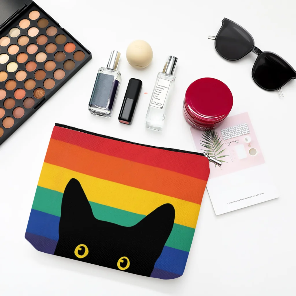 

Peeking Cat In Rainbow Circle Linen Women Cosmetic Bag Cute Cat Makeup Pouch Lady Tote Purse Zipper Clutch Phone Purse